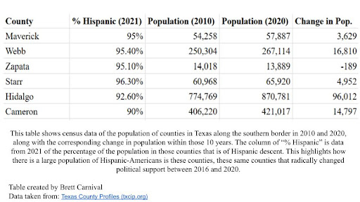 Census data in American southern border counties broken down by demographics and immigration from 2010 to 2020