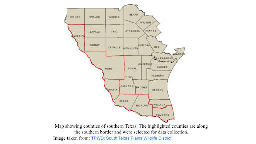 American southern border counties in Texas selected for data collection